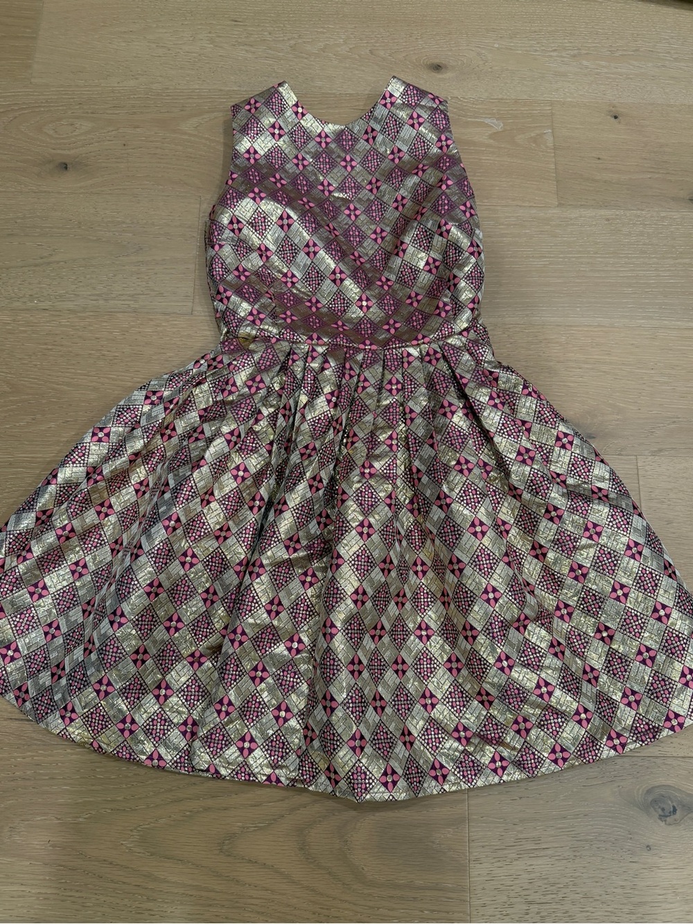 Tuckernuck Pink and Gold Essie Jacquard Fit-and-Flare Backless Dress Small